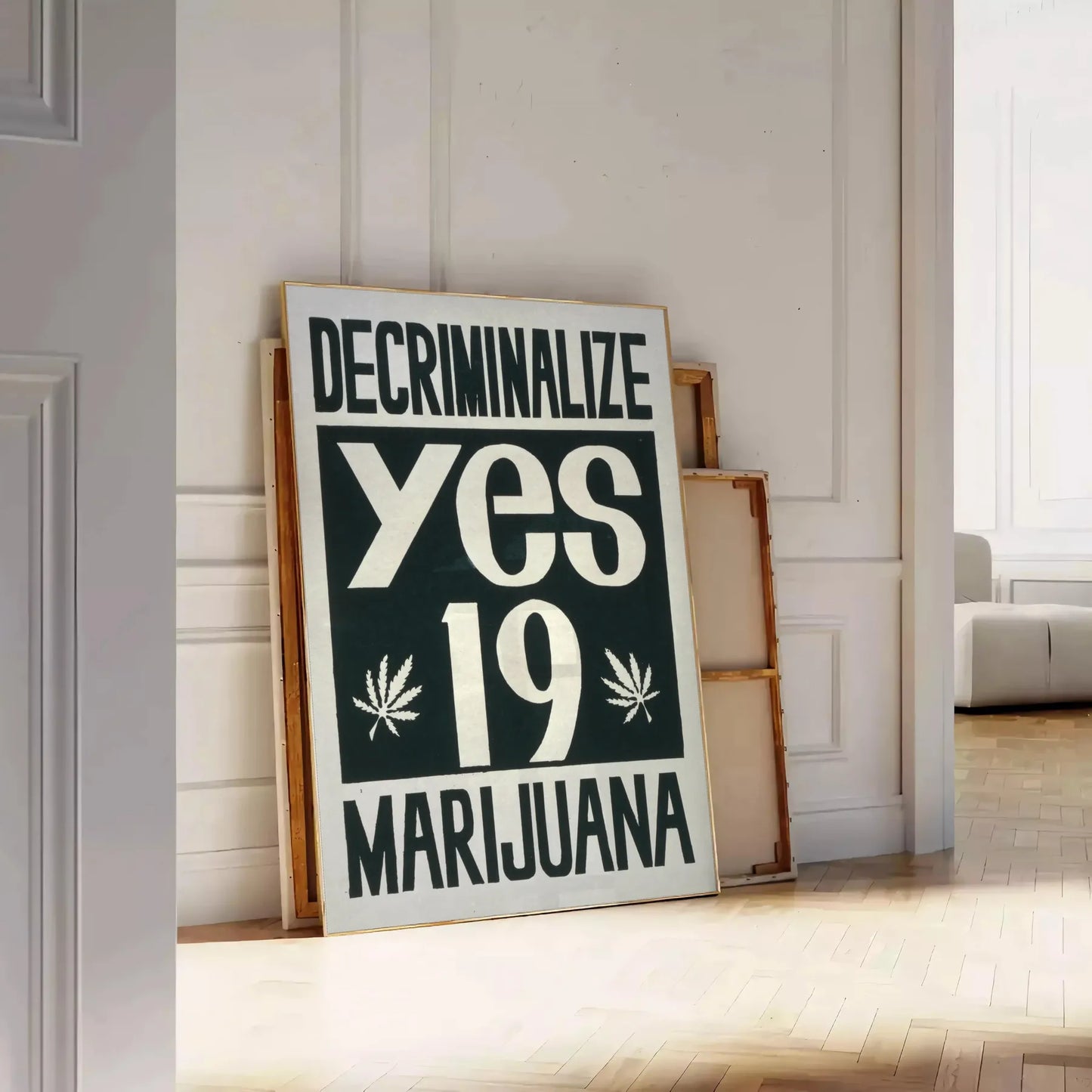 space vintage Decriminalise Marijuana poster bold black orange hues wall art enthusiasts eye artwork standout gift sizes A4 cm A0