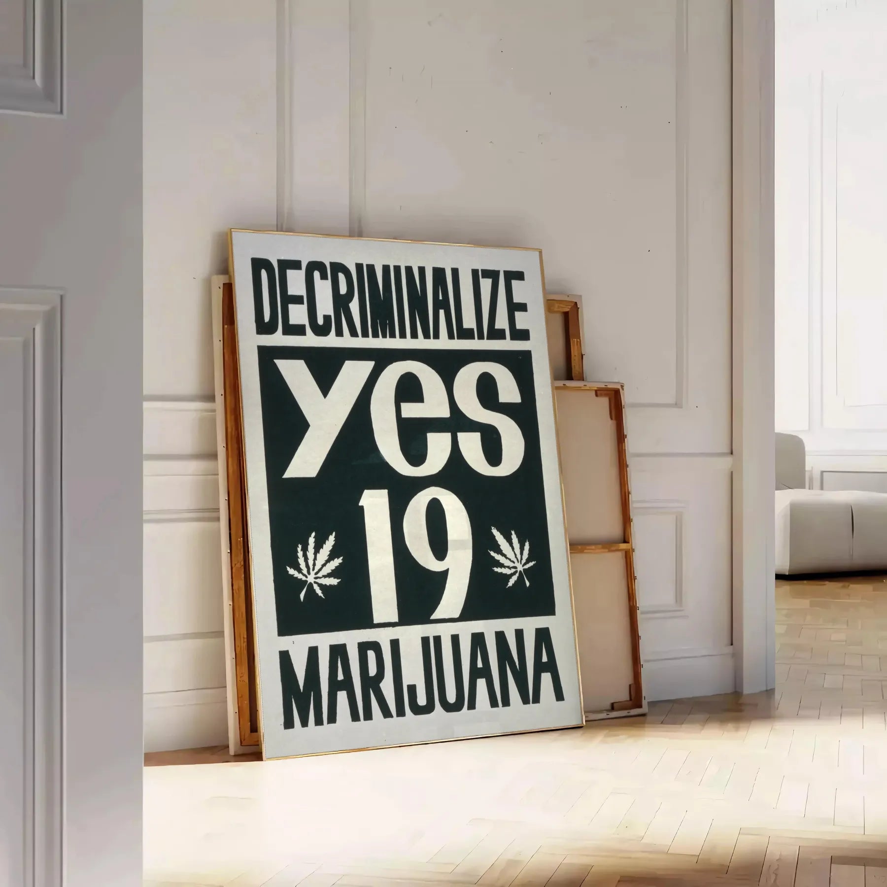 space vintage Decriminalise Marijuana poster bold black orange hues wall art enthusiasts eye artwork standout gift sizes A4 cm A0