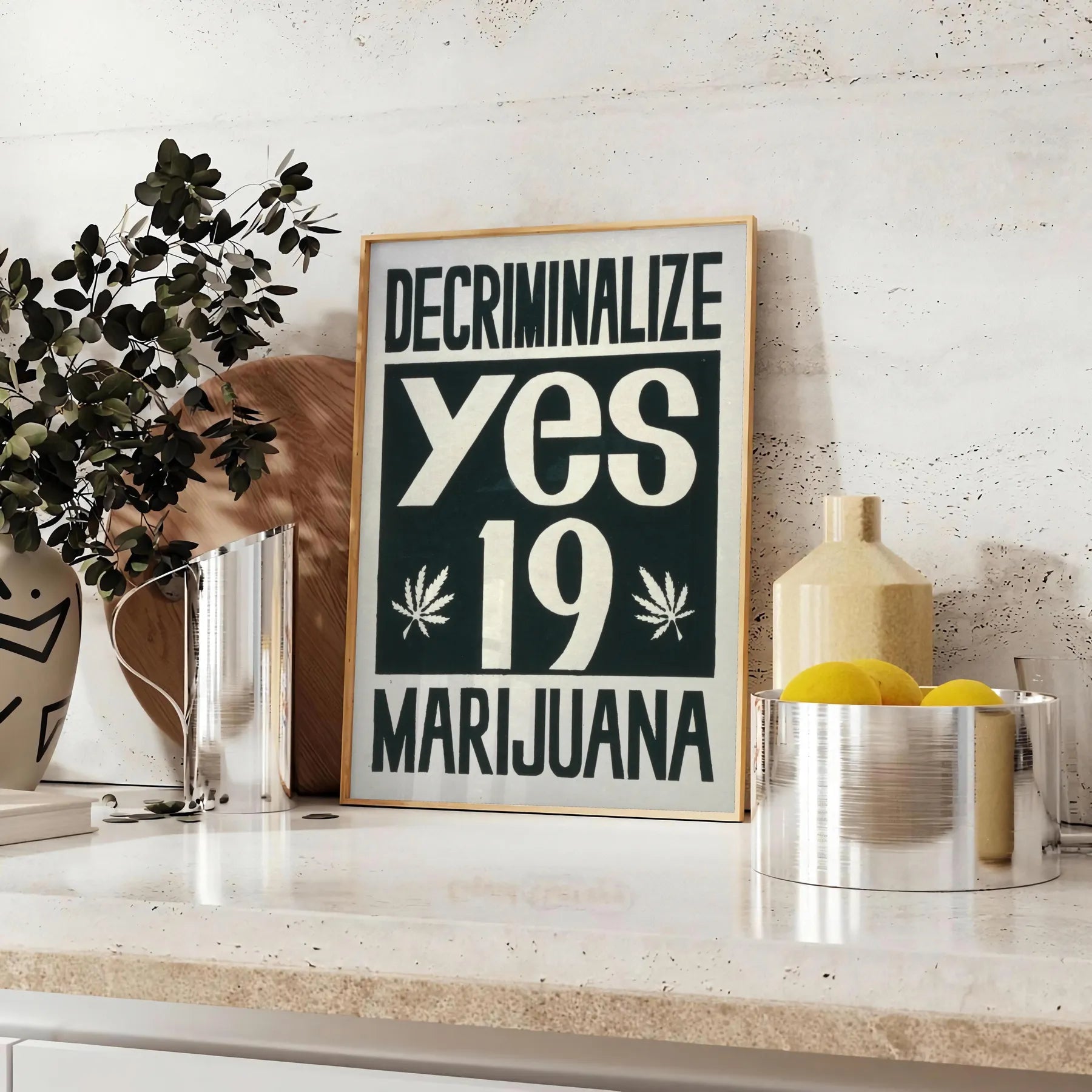 space vintage Decriminalise Marijuana poster bold black orange hues wall art enthusiasts eye artwork standout gift sizes A4 cm A0