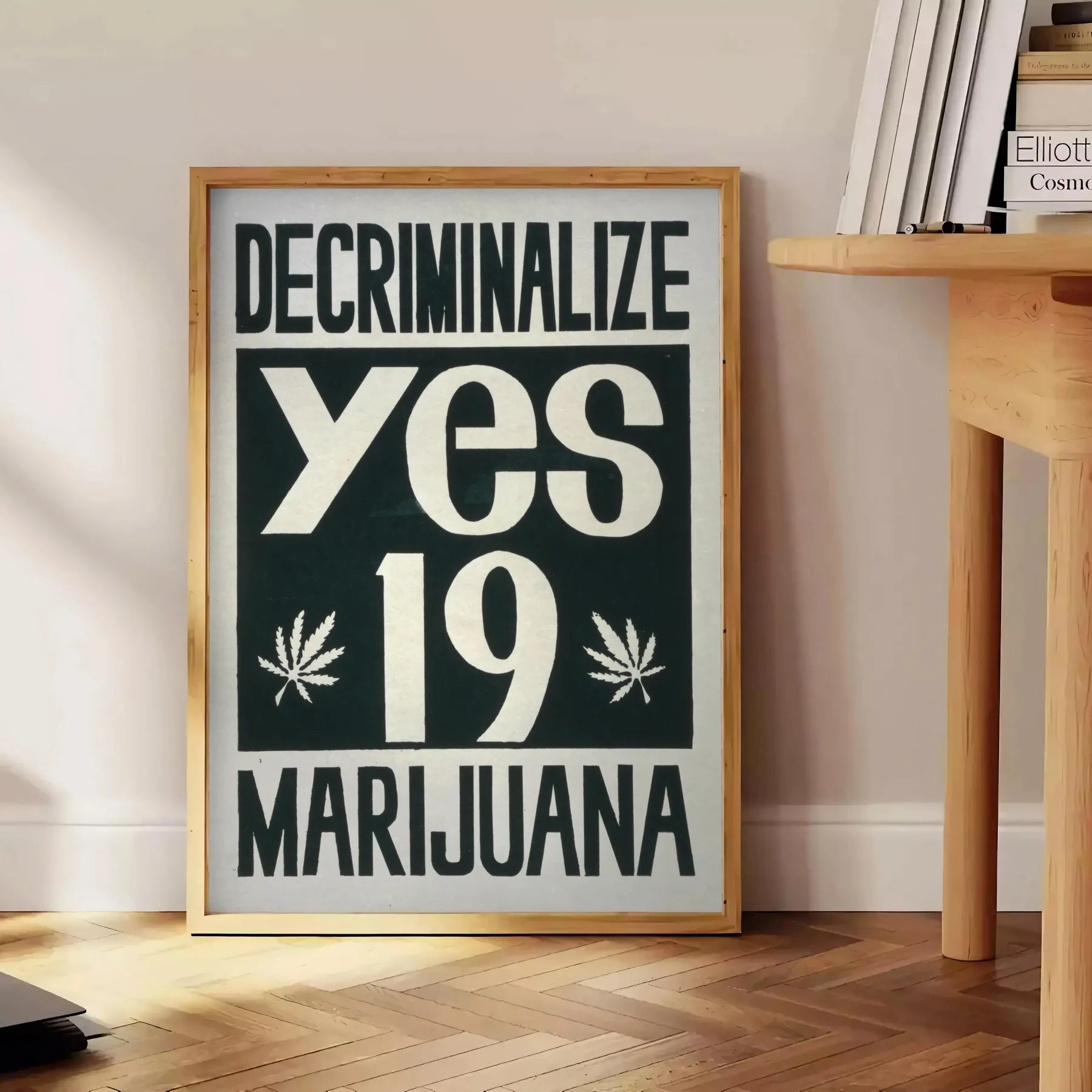 space vintage Decriminalise Marijuana poster bold black orange hues wall art enthusiasts eye artwork standout gift sizes A4 cm A0