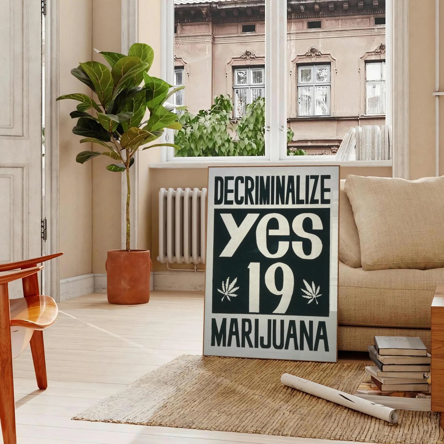 space vintage Decriminalise Marijuana poster bold black orange hues wall art enthusiasts eye artwork standout gift sizes A4 cm A0