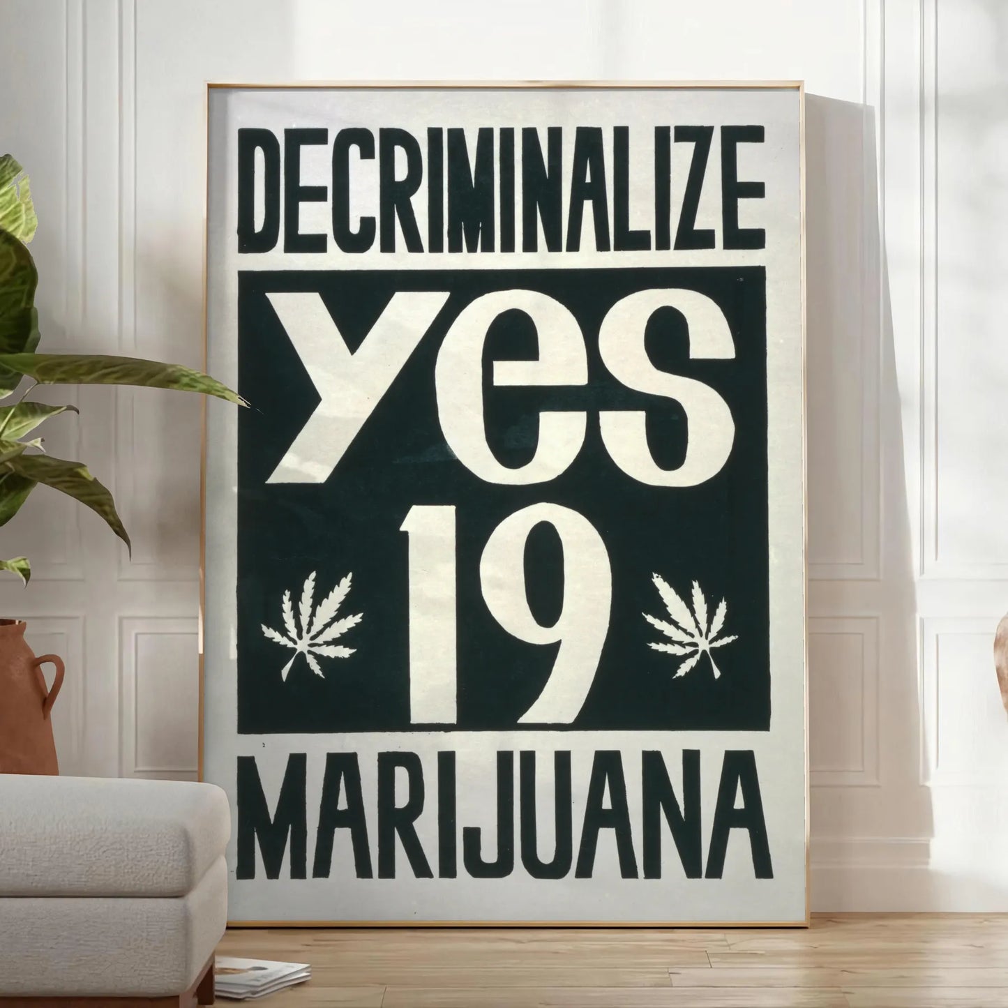 space vintage Decriminalise Marijuana poster bold black orange hues wall art enthusiasts eye artwork standout gift sizes A4 cm A0
