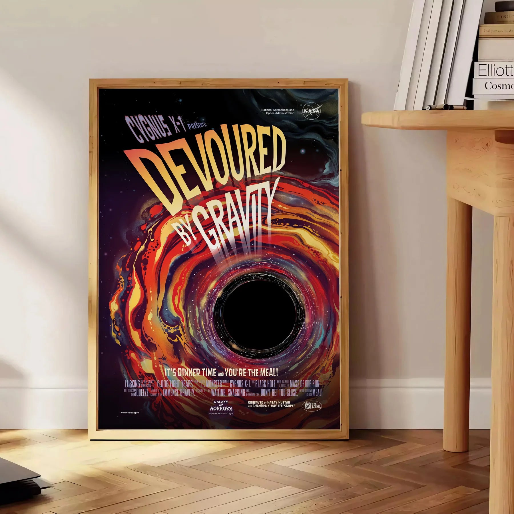mesmerizing Devoured Gravity poster artful blend black orange tones allure cosmic travel wall art enthusiasts unique gift captivating print depth space frame