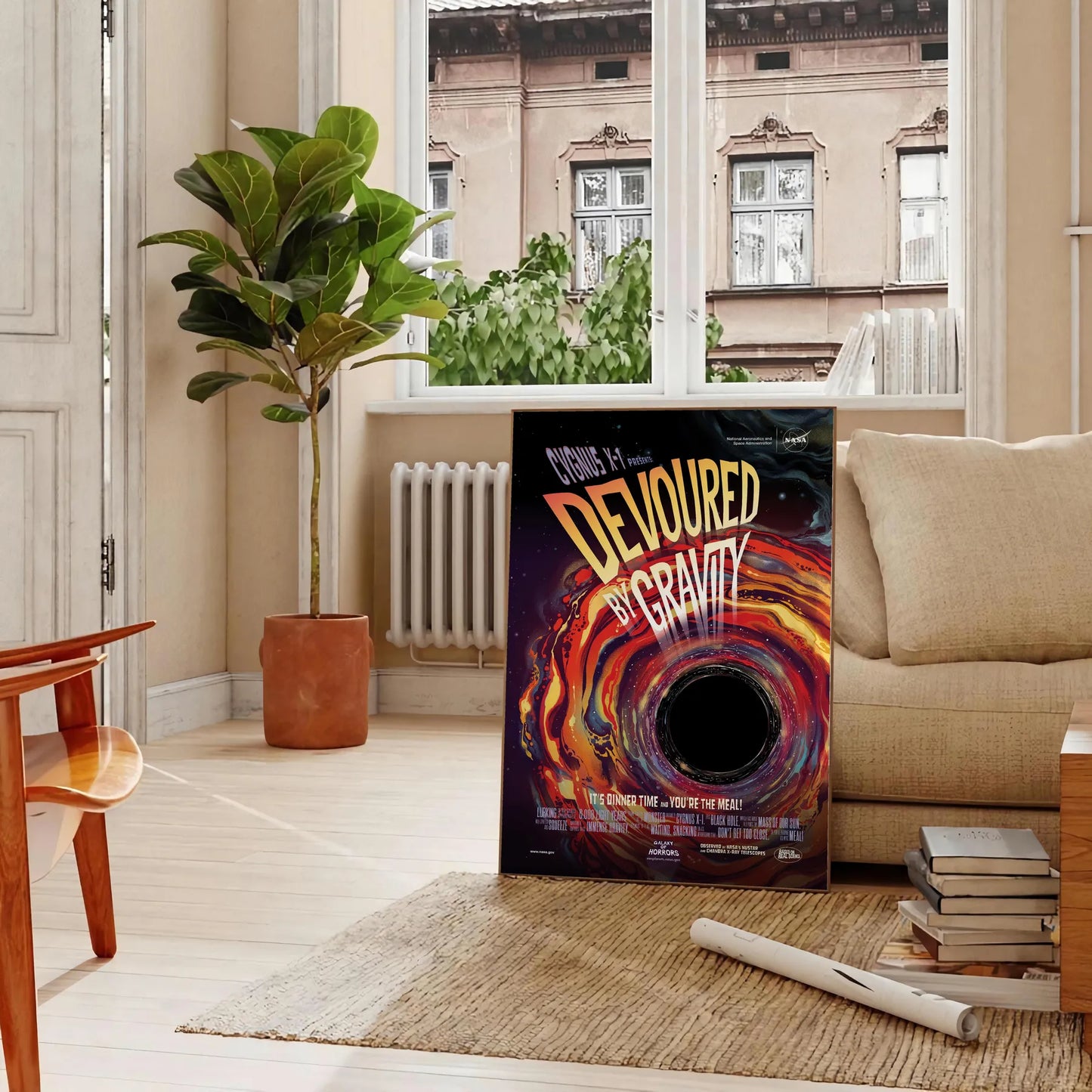 mesmerizing Devoured Gravity poster artful blend black orange tones allure cosmic travel wall art enthusiasts unique gift captivating print depth space frame