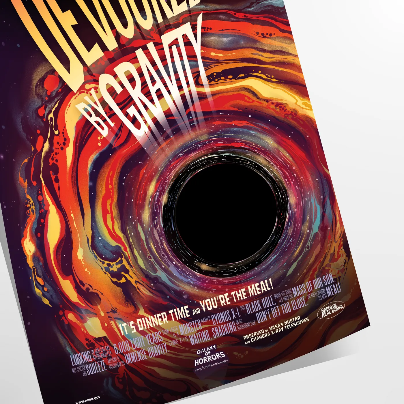 mesmerizing Devoured Gravity poster artful blend black orange tones allure cosmic travel wall art enthusiasts unique gift captivating print depth space frame