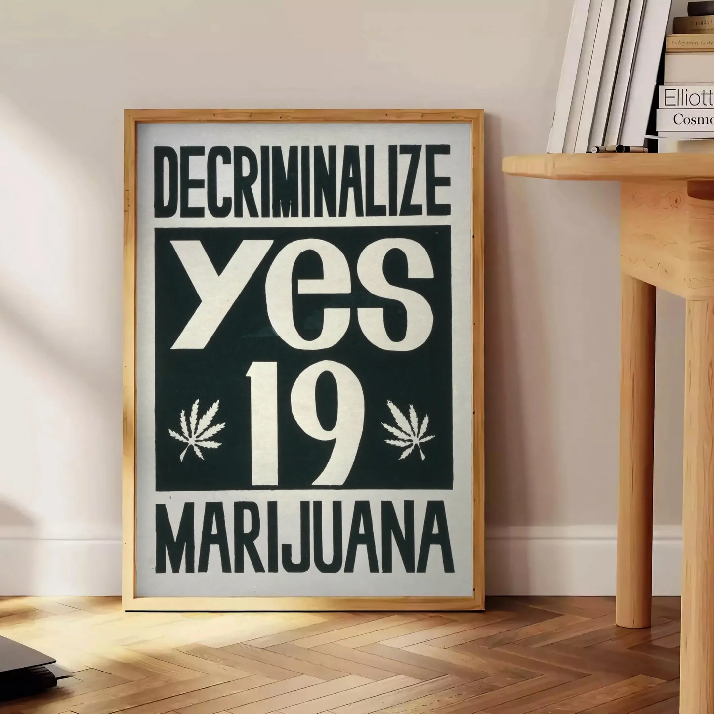 space vintage Decriminalise Marijuana poster bold black orange hues wall art enthusiasts eye artwork standout gift sizes A4 cm A0