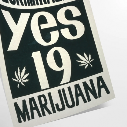 space vintage Decriminalise Marijuana poster bold black orange hues wall art enthusiasts eye artwork standout gift sizes A4 cm A0