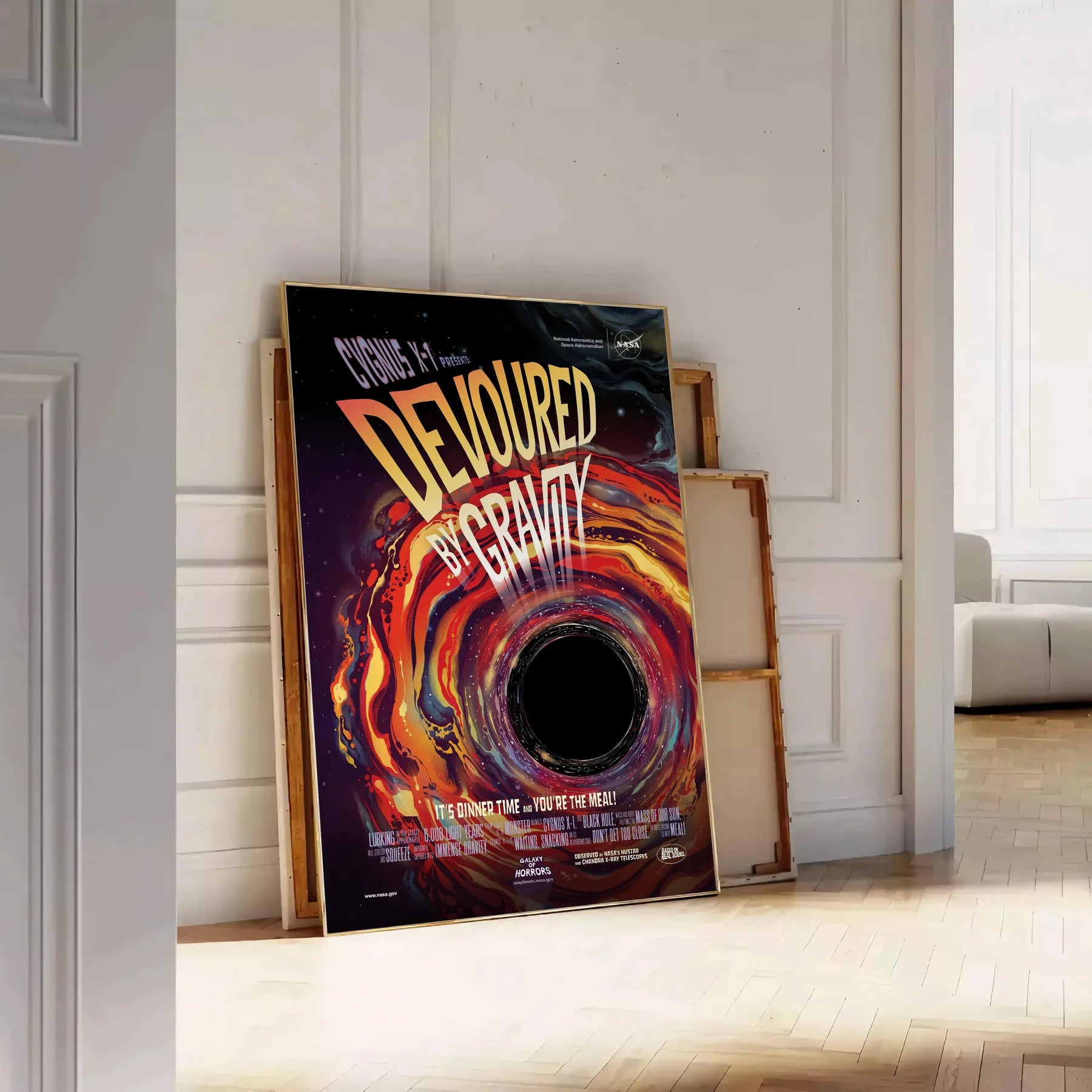 mesmerizing Devoured Gravity poster artful blend black orange tones allure cosmic travel wall art enthusiasts unique gift captivating print depth space frame