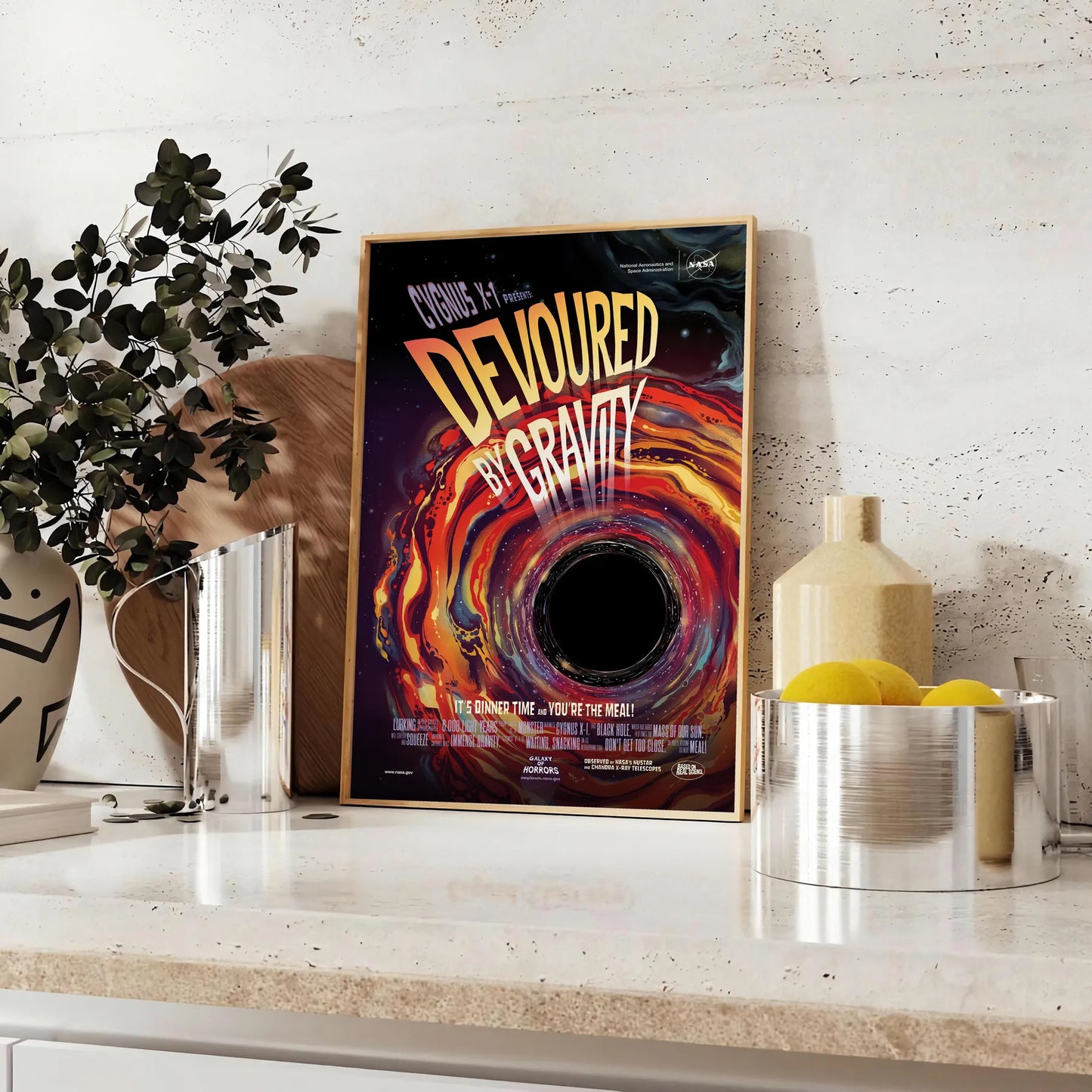mesmerizing Devoured Gravity poster artful blend black orange tones allure cosmic travel wall art enthusiasts unique gift captivating print depth space frame