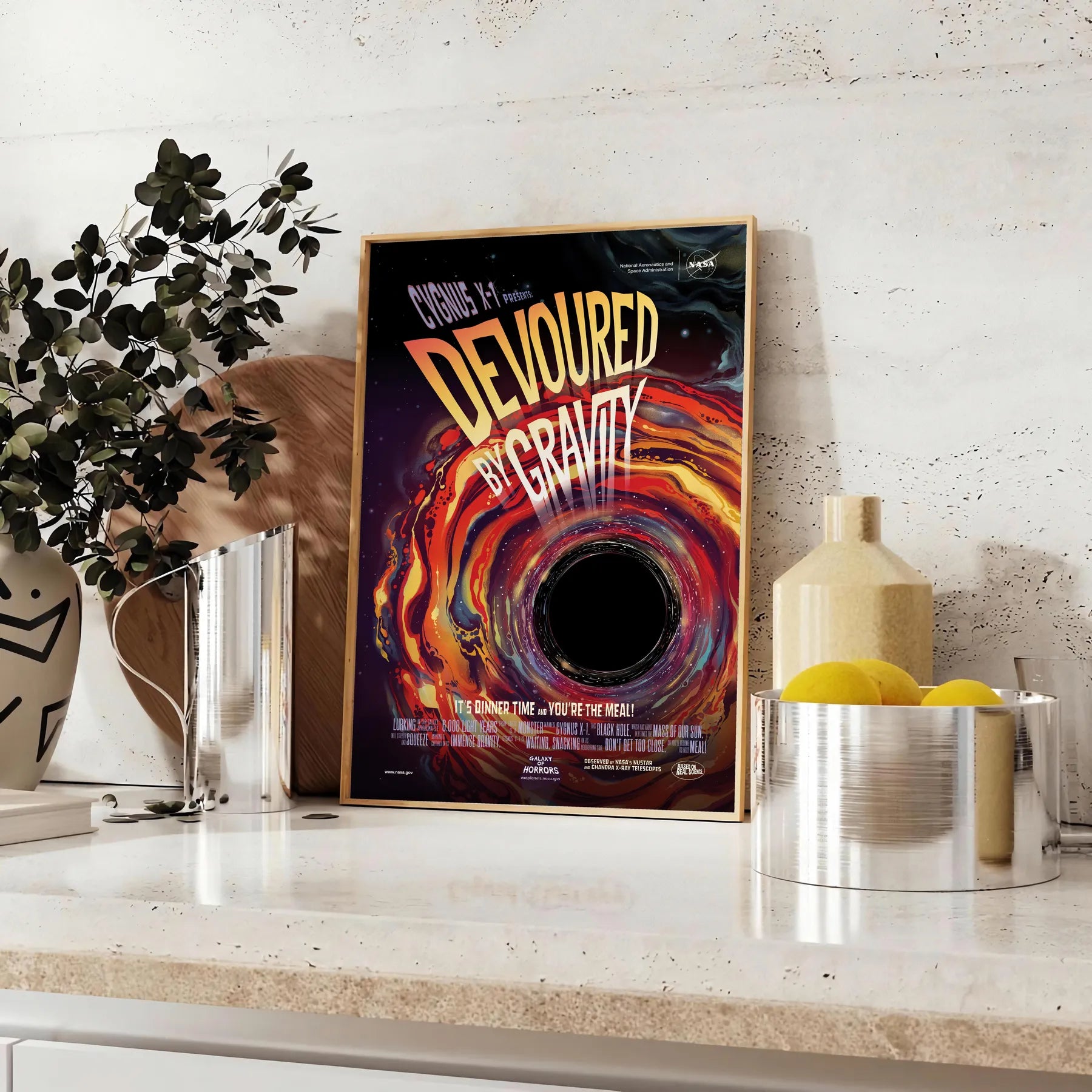mesmerizing Devoured Gravity poster artful blend black orange tones allure cosmic travel wall art enthusiasts unique gift captivating print depth space frame