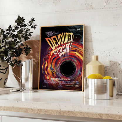 mesmerizing Devoured Gravity poster artful blend black orange tones allure cosmic travel wall art enthusiasts unique gift captivating print depth space frame