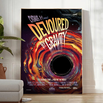 mesmerizing Devoured Gravity poster artful blend black orange tones allure cosmic travel wall art enthusiasts unique gift captivating print depth space frame