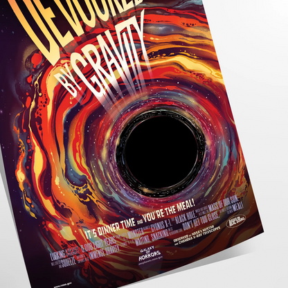 mesmerizing Devoured Gravity poster artful blend black orange tones allure cosmic travel wall art enthusiasts unique gift captivating print depth space frame